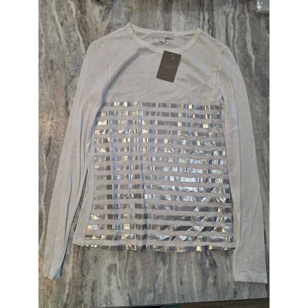Kain Anthropologie Size Small White Long Sleeve Top Metallic Silver